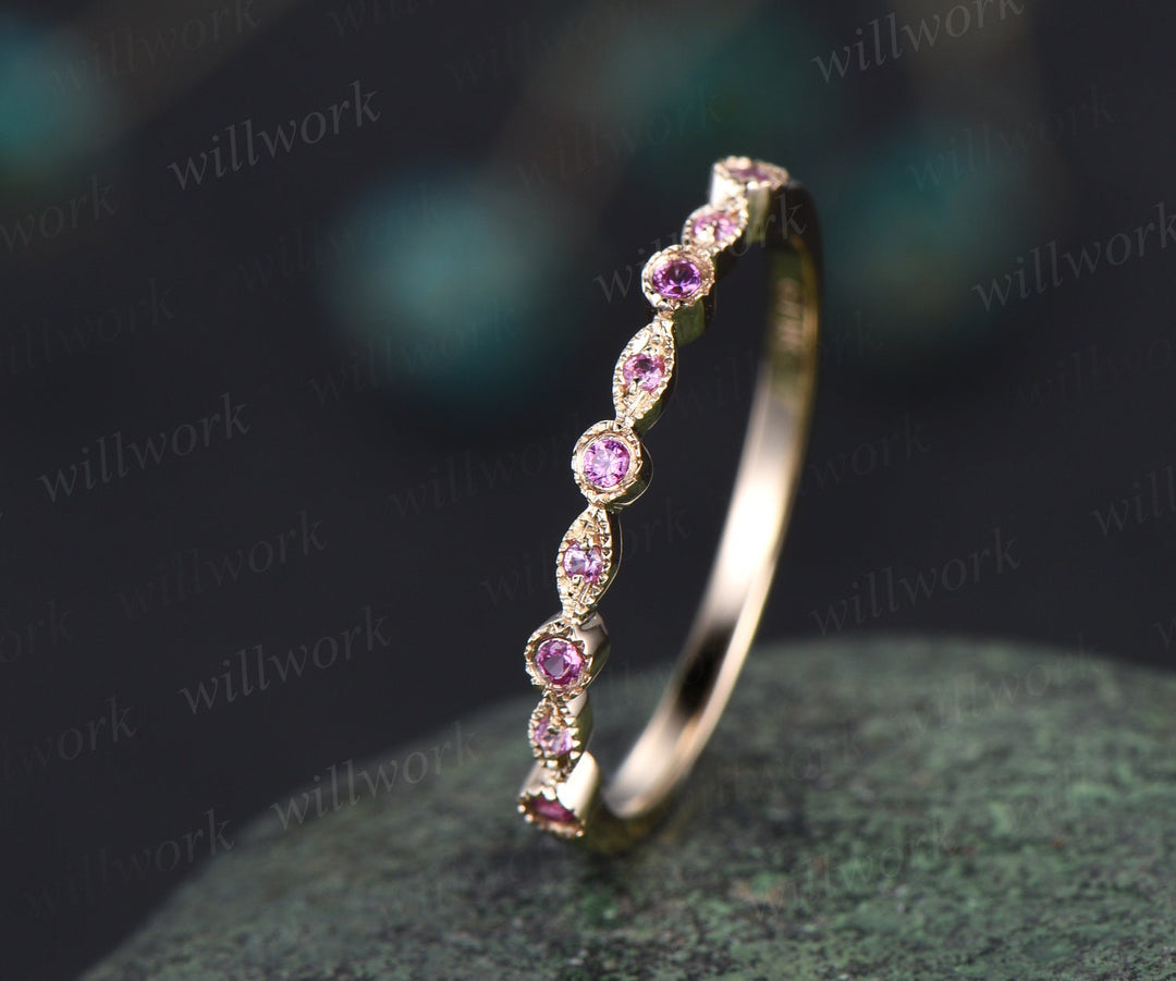 Milgrain bezel natural pink sapphire wedding band solid 14k yellow gold vintage art deco half eternity dainty wedding ring band women gift