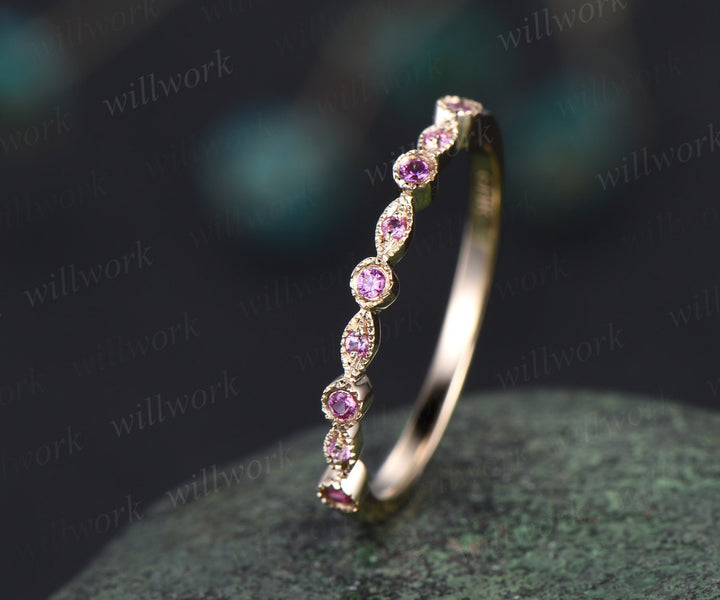 Milgrain bezel natural pink sapphire wedding band solid 14k yellow gold vintage art deco half eternity dainty wedding ring band women gift
