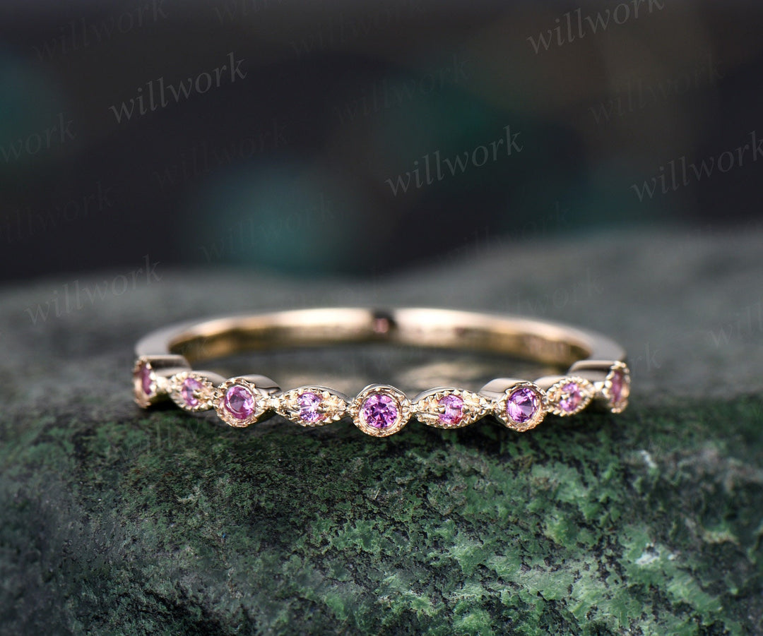 Milgrain bezel natural pink sapphire wedding band solid 14k yellow gold vintage art deco half eternity dainty wedding ring band women gift