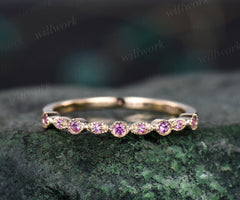 Milgrain bezel natural pink sapphire wedding band solid 14k yellow gold vintage art deco half eternity dainty wedding ring band women gift