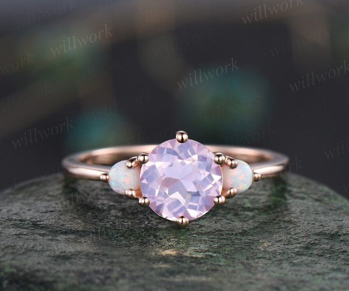 Vintage round Lavender Amethyst engagement ring set rose gold three stone opal ring women alexandrite wedding ring set gemstone crystal ring