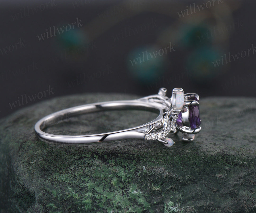 Vintage round amethyst engagement ring white gold leaf nature inspired branch half eternity diamond ring opal wedding anniversary ring women