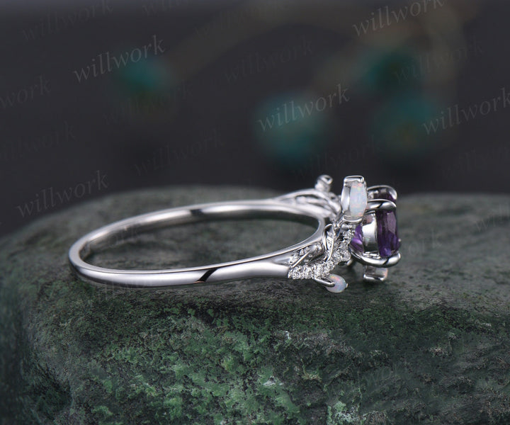Vintage round amethyst engagement ring white gold leaf nature inspired branch half eternity diamond ring opal wedding anniversary ring women