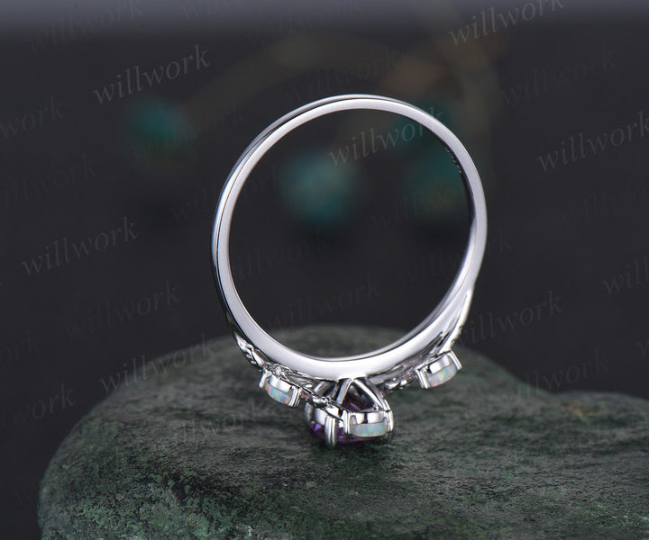 Vintage round amethyst engagement ring white gold leaf nature inspired branch half eternity diamond ring opal wedding anniversary ring women