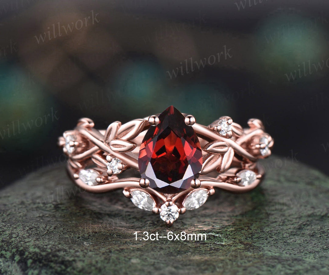 Vintage pear red garnet engagement ring set five stone leaf branch Nature inspired diamond bridal ring set women rose gold gemstone gift