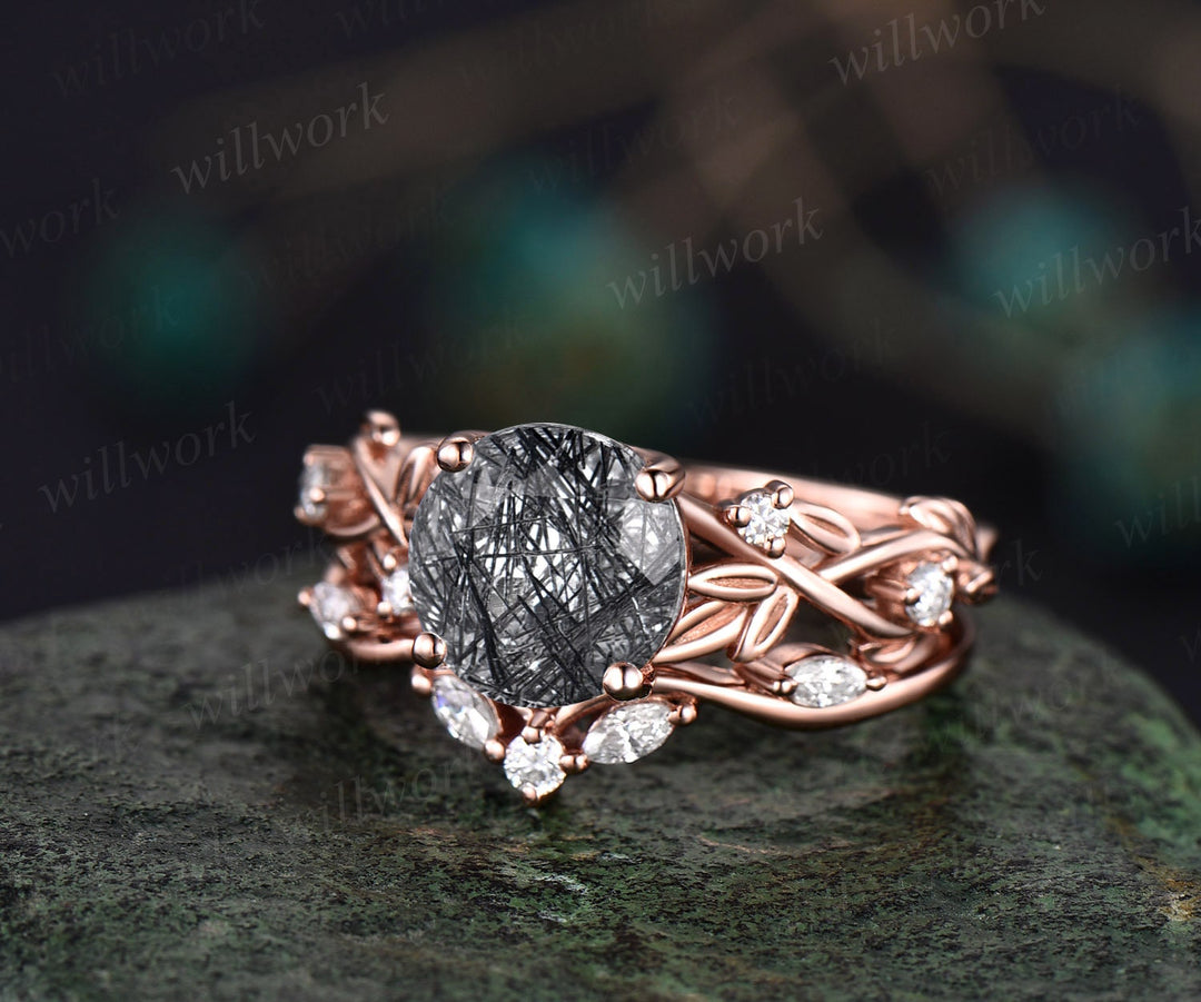 Vintage round black rutilated quartz engagement ring women 14k rose gold leaf branch Nature inspired moissanite wedding promise ring set