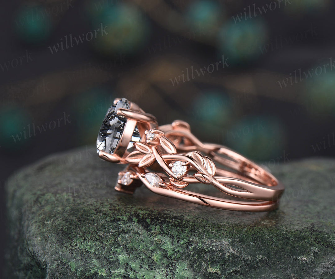 Vintage round black rutilated quartz engagement ring women 14k rose gold leaf branch Nature inspired moissanite wedding promise ring set