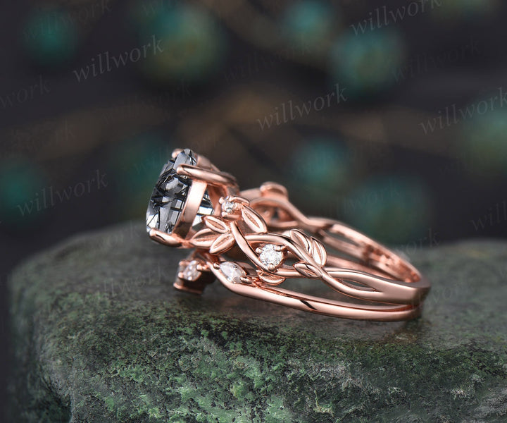 Vintage round black rutilated quartz engagement ring women 14k rose gold leaf branch Nature inspired moissanite wedding promise ring set