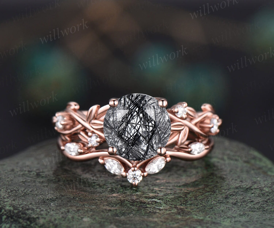 Vintage round black rutilated quartz engagement ring women 14k rose gold leaf branch Nature inspired moissanite wedding promise ring set