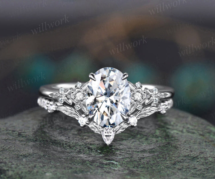 Oval Cut IGI Lab Grown Diamond Engagement Ring Leaf Floral Nature Inspired Bridal Wedding Ring Set