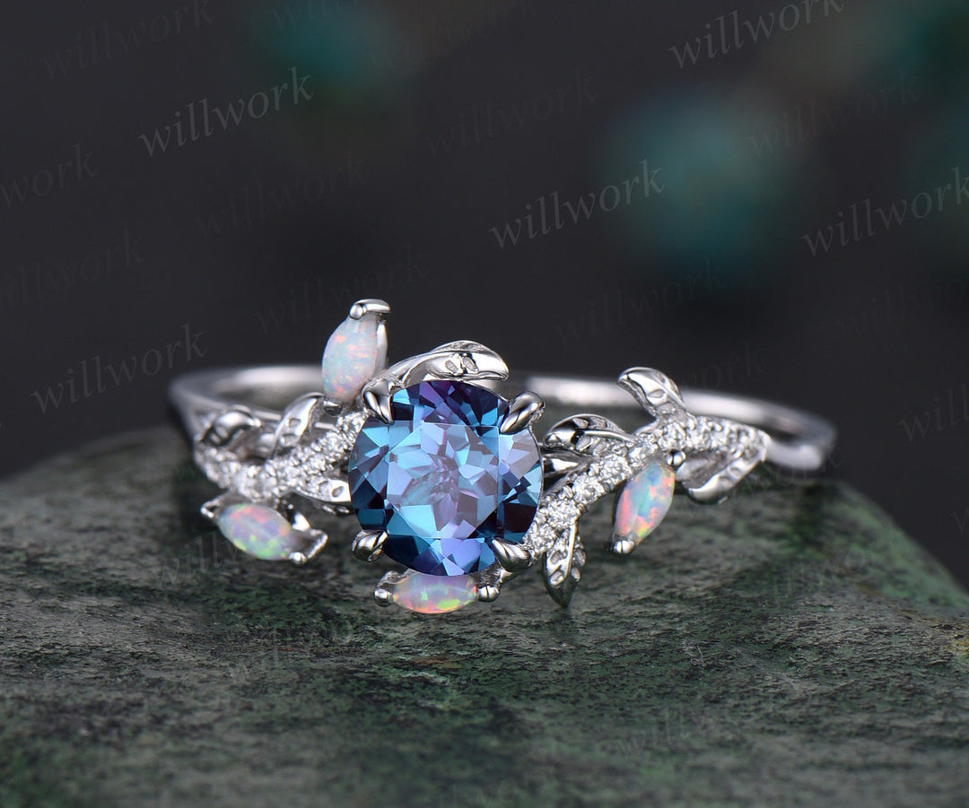 Vintage round alexandrite engagement ring yellow gold leaf nature inspired branch half eternity diamond opal wedding anniversary ring women