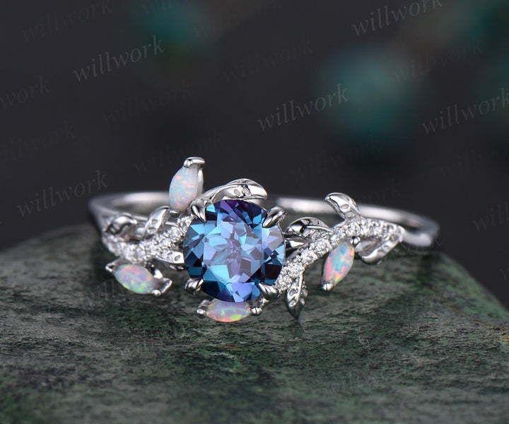 Vintage round alexandrite engagement ring yellow gold leaf nature inspired branch half eternity diamond opal wedding anniversary ring women