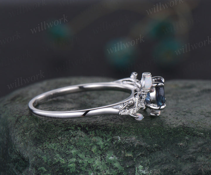 Vintage round alexandrite engagement ring yellow gold leaf nature inspired branch half eternity diamond opal wedding anniversary ring women
