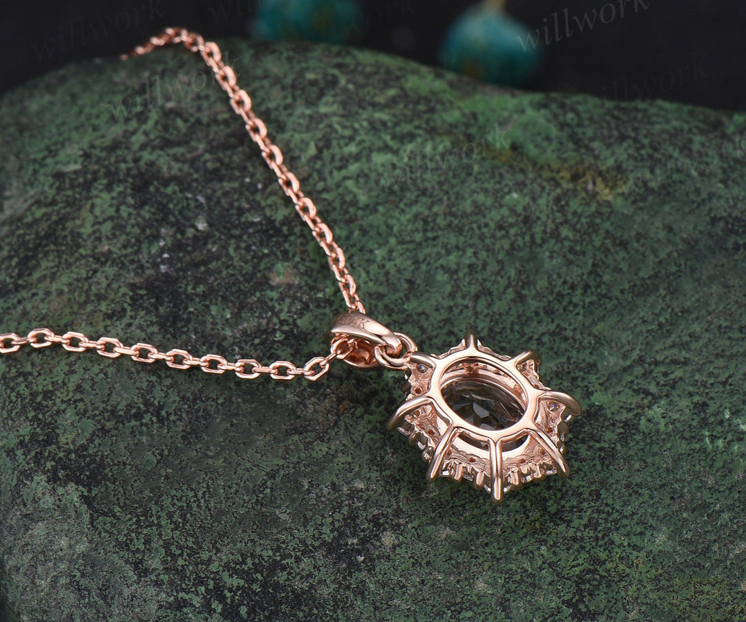 Vintage oval black rutilated quartz necklace solid 14k 18k gold unique halo snowdrift diamond pendant women black stone anniversary gift
