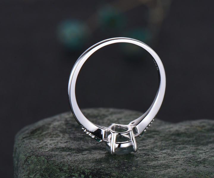 Vintage pear white opal engagement ring white gold Milgrain leaf three stone emerald wedding ring band women antique promise ring set