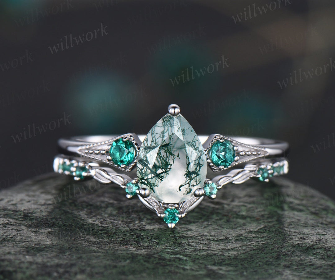 Vintage pear green moss agate engagement ring white gold Milgrain leaf three stone emerald wedding ring band women antique promise ring set