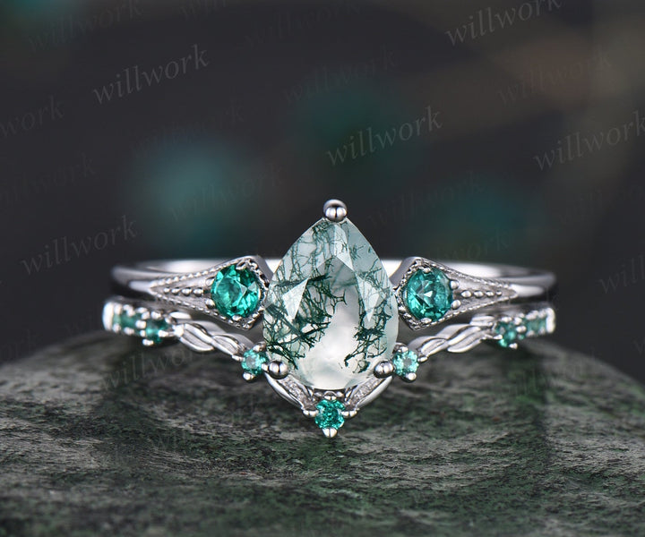 Vintage pear green moss agate engagement ring white gold Milgrain leaf three stone emerald wedding ring band women antique promise ring set