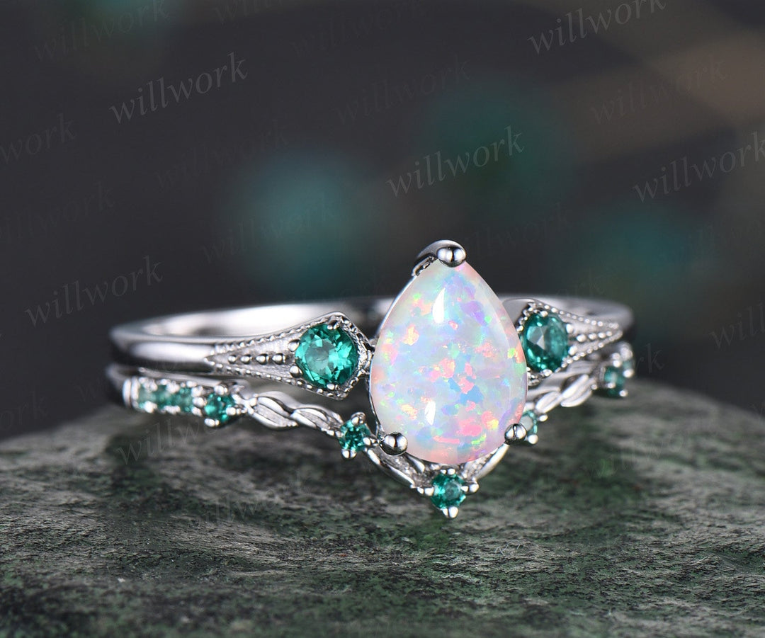 Vintage pear white opal engagement ring white gold Milgrain leaf three stone emerald wedding ring band women antique promise ring set