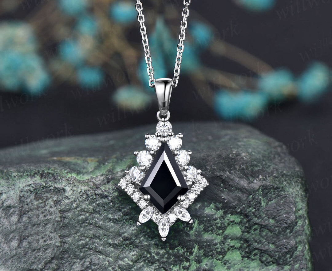 Kite cut black Onyx necklace solid 14k 18k rose gold vintage unique halo diamond  pendant for women her art deco anniversary gift mother