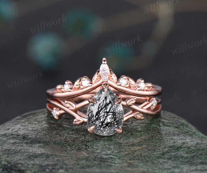 Vintage pear black rutilated quartz engagement ring rose gold twig leaf nature inspired unique diamond bridal wedding ring set women gift