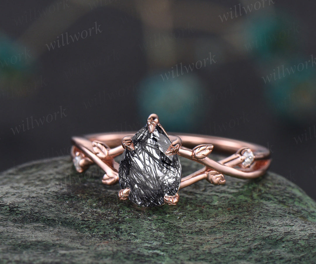 Vintage pear black rutilated quartz engagement ring rose gold twig leaf nature inspired unique diamond bridal wedding ring set women gift