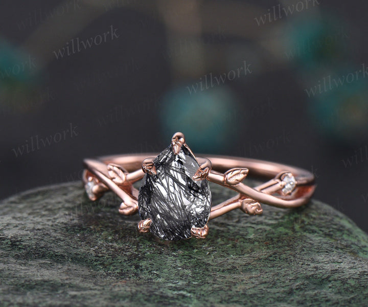 Vintage pear black rutilated quartz engagement ring rose gold twig leaf nature inspired unique diamond bridal wedding ring set women gift