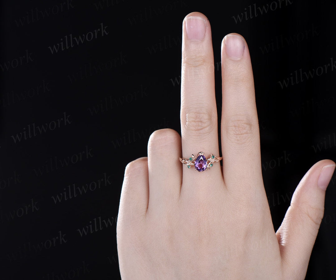 Amethyst ring vintage pear Amethyst engagement ring 14k rose gold twig leaf emerald bridal wedding ring women February birthstone ring gift