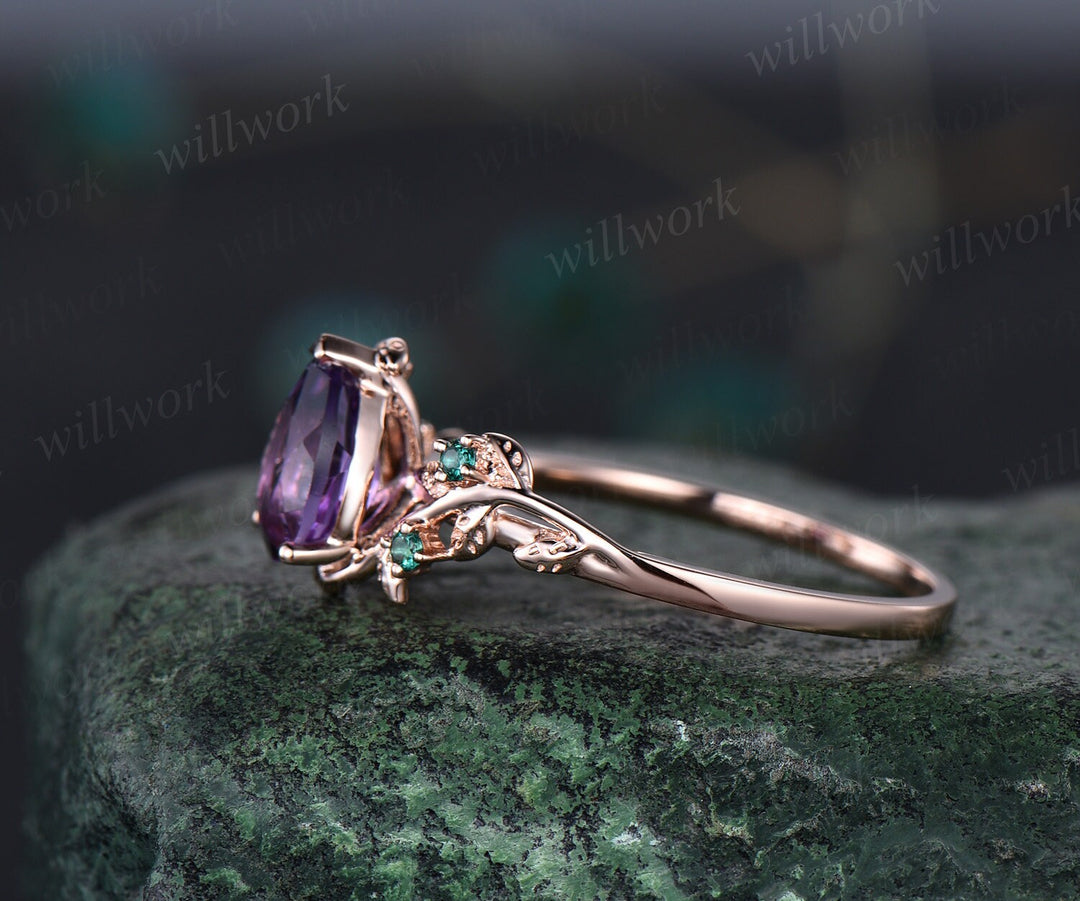 Amethyst ring vintage pear Amethyst engagement ring 14k rose gold twig leaf emerald bridal wedding ring women February birthstone ring gift