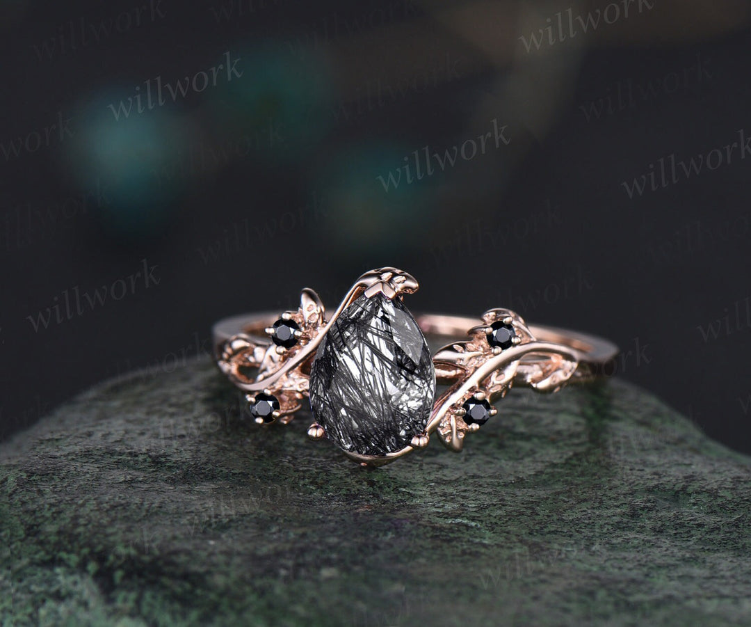 Pear black rutilated quartz ring vintage five stone black spinel ring twig leaf unique engagement ring rose gold black gemstone ring women