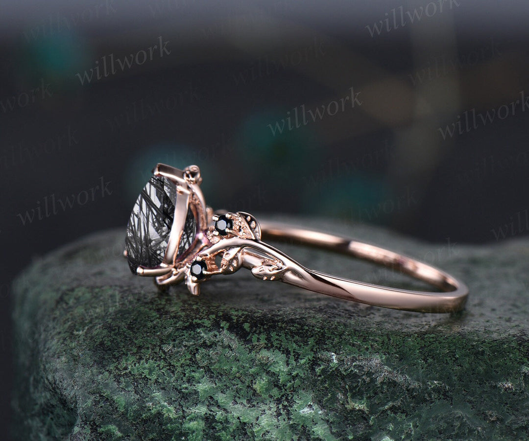 Pear black rutilated quartz ring vintage five stone black spinel ring twig leaf unique engagement ring rose gold black gemstone ring women