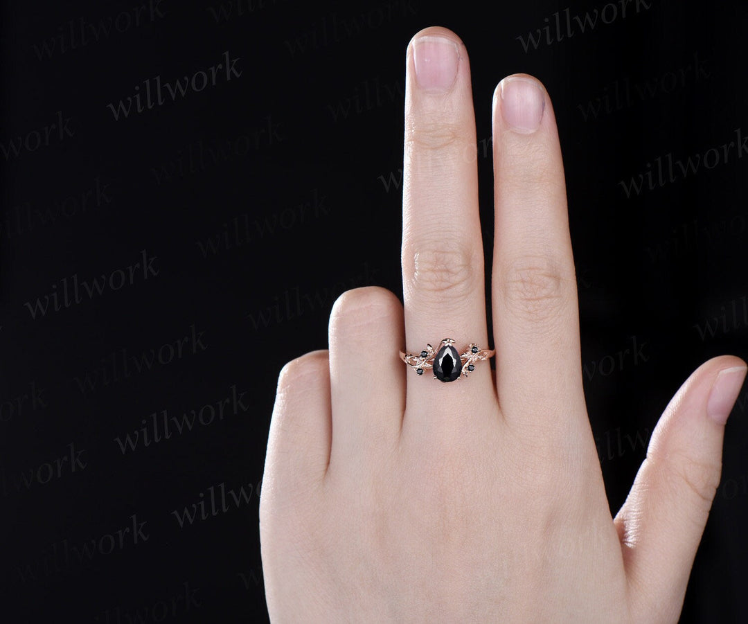 Pear black Onyx ring vintage art deco five stone black spinel ring twig leaf unique engagement ring women rose gold anniversary ring gift