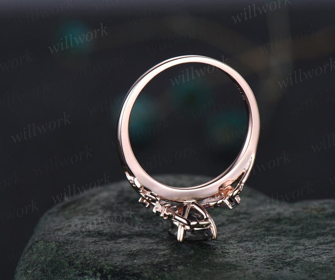 Pear black Onyx ring vintage art deco five stone black spinel ring twig leaf unique engagement ring women rose gold anniversary ring gift