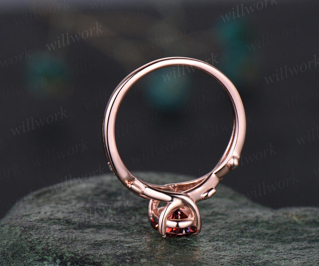 Vintage oval red garnet engagement ring nature inspired leaf three stone art deco diamond bridal wedding ring set women rose gold gemstone