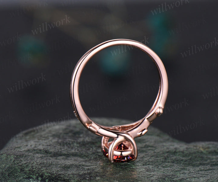 Vintage oval red garnet engagement ring nature inspired leaf three stone art deco diamond bridal wedding ring set women rose gold gemstone