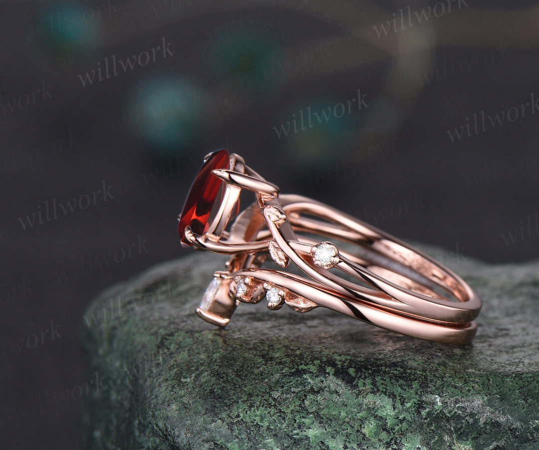 Vintage oval red garnet engagement ring nature inspired leaf three stone art deco diamond bridal wedding ring set women rose gold gemstone