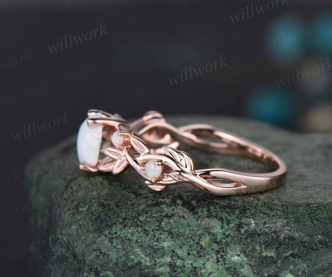 Hexagon white opal ring vintage rose gold leaf nature inspired five stone opal engagement ring art deco twisted branch wedding ring women