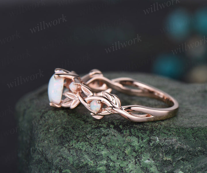 Hexagon white opal ring vintage rose gold leaf nature inspired five stone opal engagement ring art deco twisted branch wedding ring women