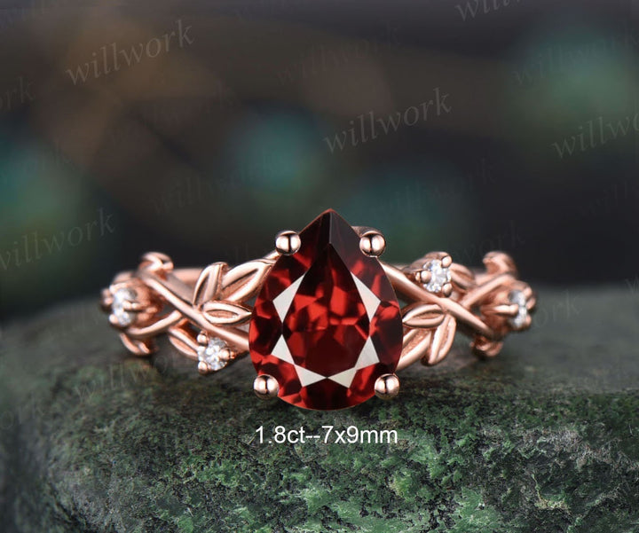 Vintage pear red garnet engagement ring set five stone leaf branch Nature inspired diamond bridal ring set women rose gold gemstone gift