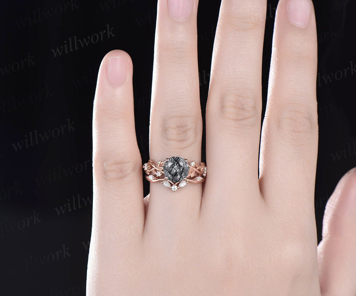 Vintage round black rutilated quartz engagement ring women 14k rose gold leaf branch Nature inspired moissanite wedding promise ring set