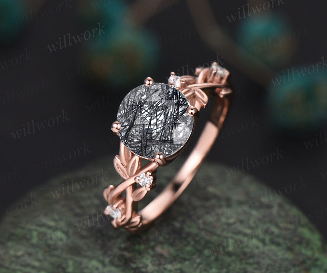Vintage round black rutilated quartz engagement ring women 14k rose gold leaf branch Nature inspired moissanite wedding promise ring set