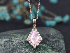 Kite cut rose quartz necklace unique halo snowdrift moissanite necklace pendant rose gold women mother bridal promise anniversary gift