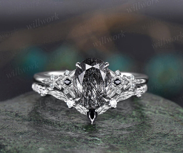 Vintage oval black rutilated quartz engagement ring leaf nature inspired black spinel diamond ring women art deco bridal promise ring set