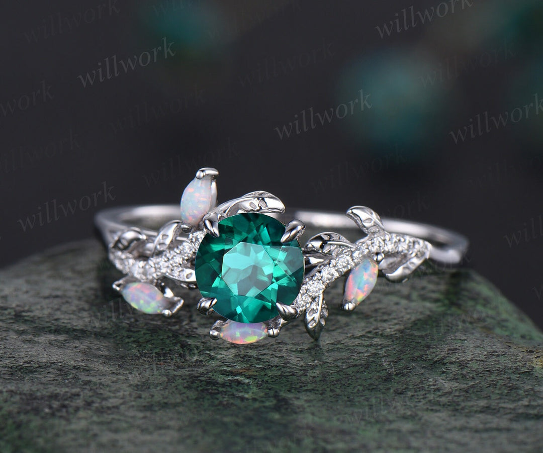 Vintage round emerald engagement ring white gold leaf nature inspired branch half eternity diamond ring opal wedding anniversary ring women