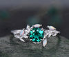 Vintage round emerald engagement ring white gold leaf nature inspired branch half eternity diamond ring opal wedding anniversary ring women