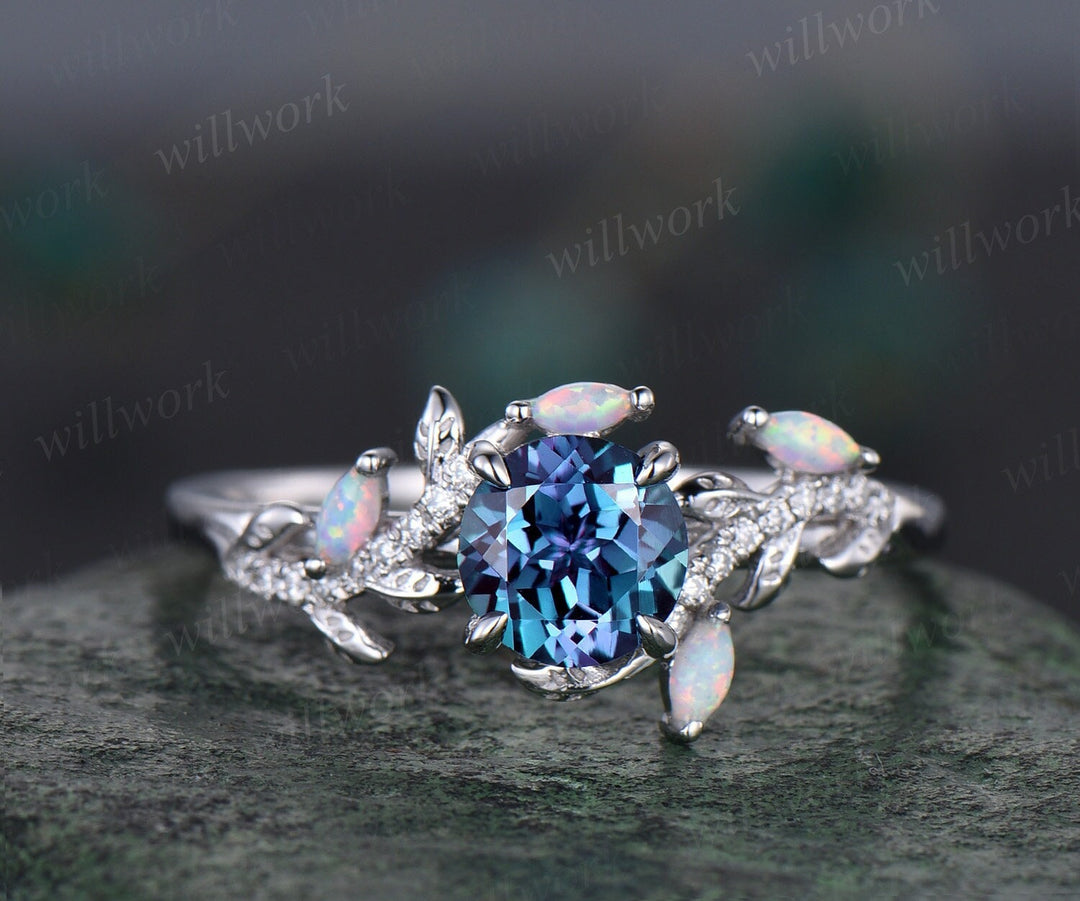 Vintage round alexandrite engagement ring yellow gold leaf nature inspired branch half eternity diamond opal wedding anniversary ring women
