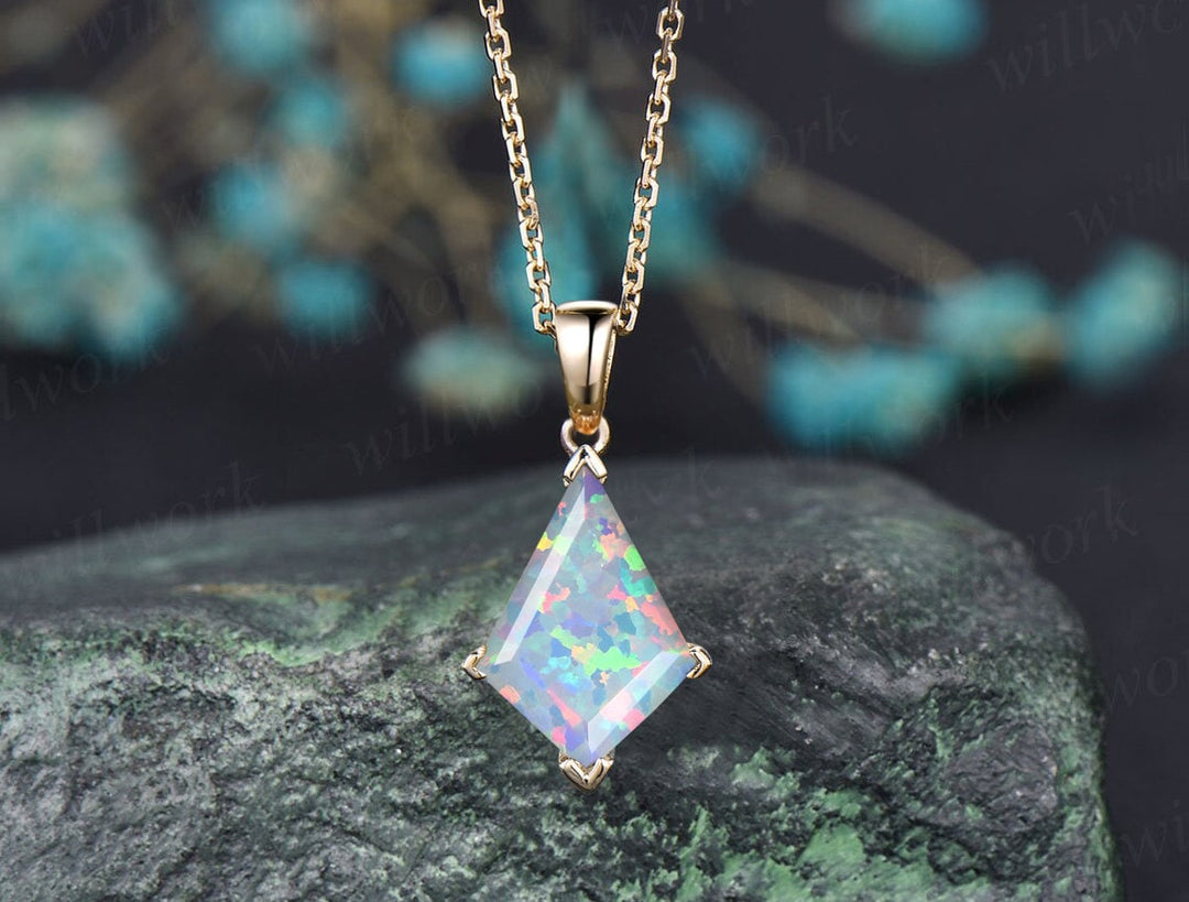 Kite white opal necklace solid 14k 18k rose gold vintage unique Personalized pendant for women her anniversary bridal gift mother