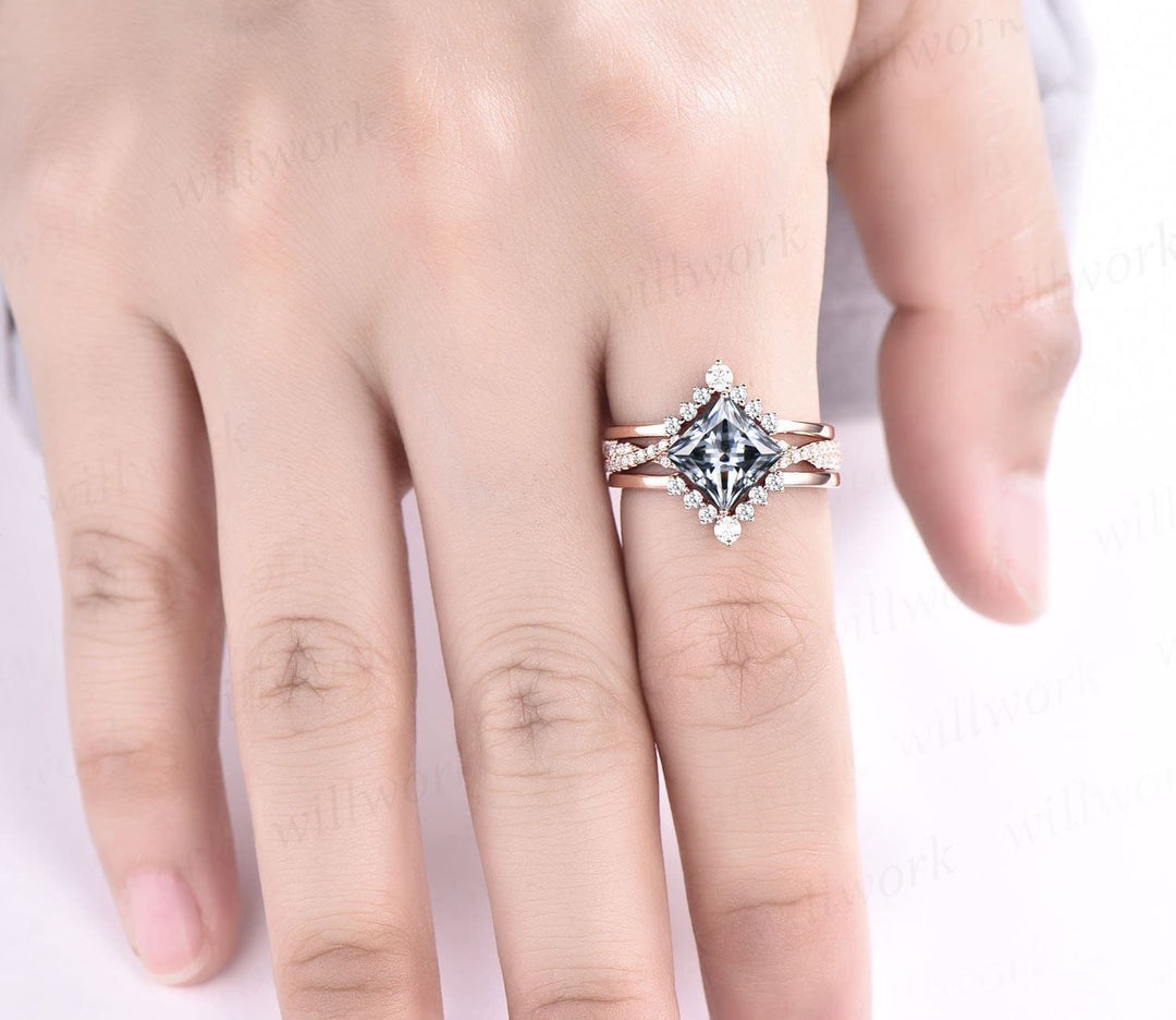 Vintage unique princess cut gray moissanite engagement ring set rose gold stacking twisted diamond promise bridal wedding ring set women