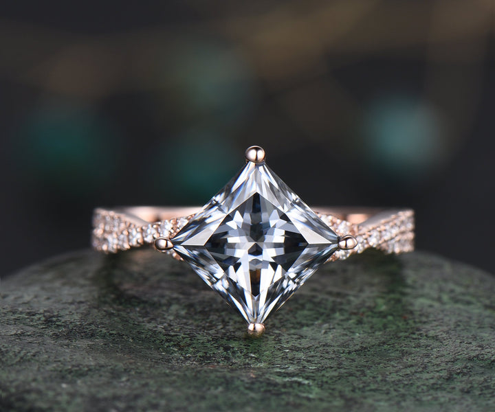 Vintage unique princess cut gray moissanite engagement ring set rose gold stacking twisted diamond promise bridal wedding ring set women