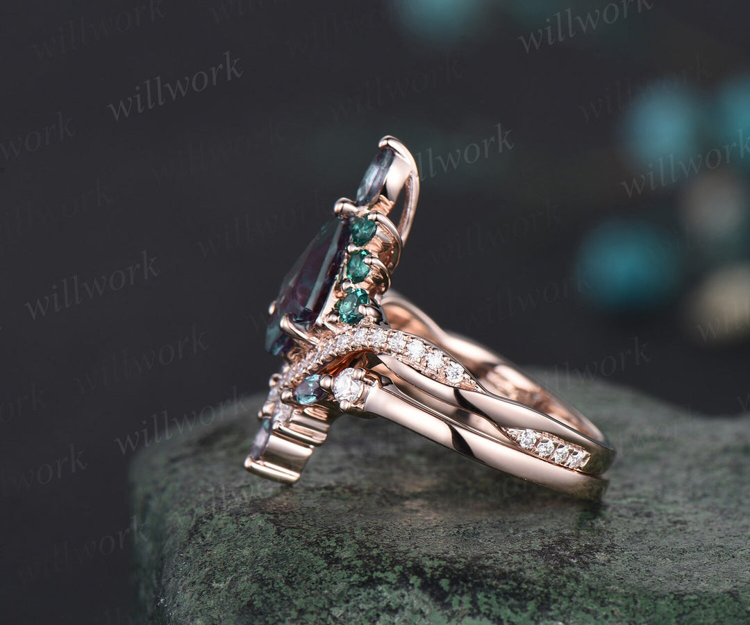 Vintage kite alexandrite engagement ring set 14k rose gold art deco emerald ring women twisted eternity halo diamond bridal promise ring