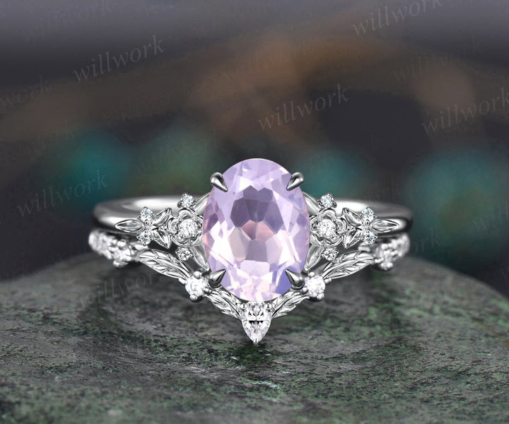 Vintage oval Lavender Amethyst engagement ring set 14k rose gold leaf floral nature inspired diamond ring unique promise wedding ring women